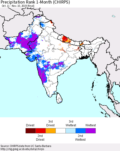Southern Asia Precipitation Rank 1-Month (CHIRPS) Thematic Map For 10/11/2019 - 11/10/2019