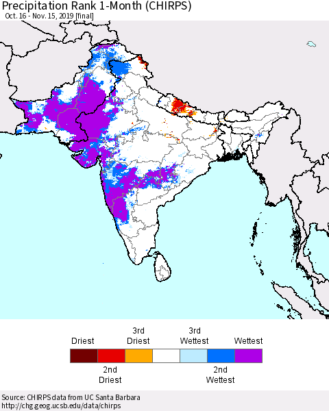 Southern Asia Precipitation Rank 1-Month (CHIRPS) Thematic Map For 10/16/2019 - 11/15/2019