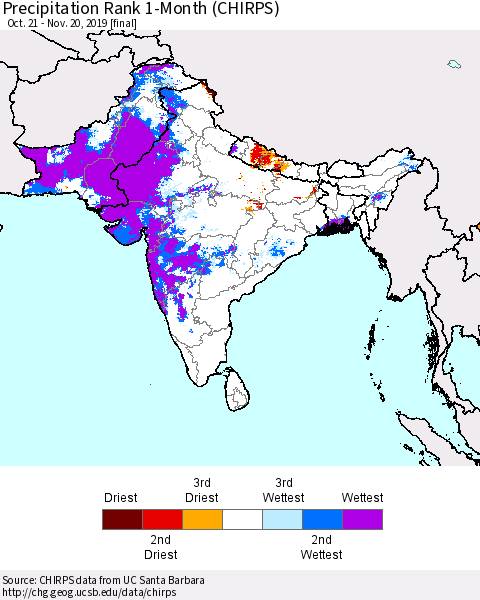 Southern Asia Precipitation Rank 1-Month (CHIRPS) Thematic Map For 10/21/2019 - 11/20/2019