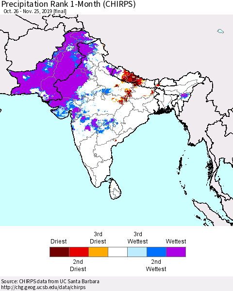 Southern Asia Precipitation Rank since 1981, 1-Month (CHIRPS) Thematic Map For 10/26/2019 - 11/25/2019