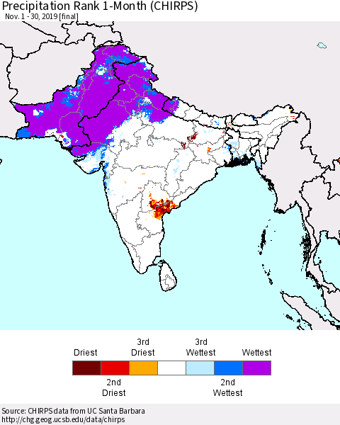 Southern Asia Precipitation Rank since 1981, 1-Month (CHIRPS) Thematic Map For 11/1/2019 - 11/30/2019