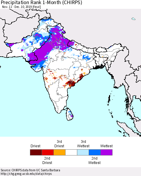 Southern Asia Precipitation Rank 1-Month (CHIRPS) Thematic Map For 11/11/2019 - 12/10/2019