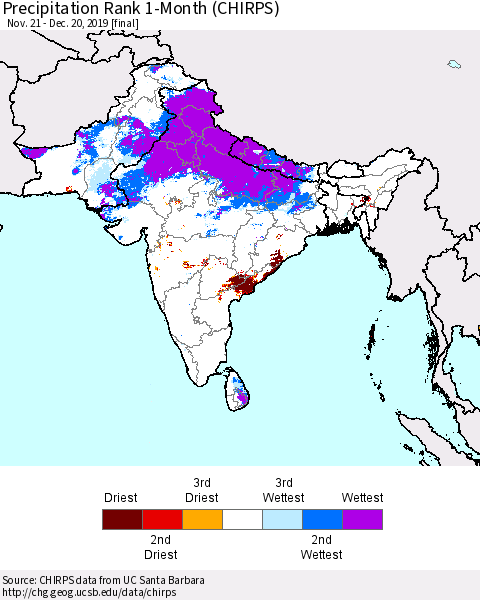 Southern Asia Precipitation Rank 1-Month (CHIRPS) Thematic Map For 11/21/2019 - 12/20/2019