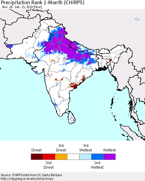 Southern Asia Precipitation Rank 1-Month (CHIRPS) Thematic Map For 11/26/2019 - 12/25/2019
