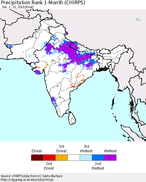 Southern Asia Precipitation Rank 1-Month (CHIRPS) Thematic Map For 12/1/2019 - 12/31/2019
