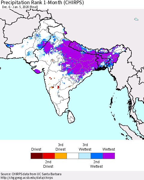 Southern Asia Precipitation Rank 1-Month (CHIRPS) Thematic Map For 12/6/2019 - 1/5/2020
