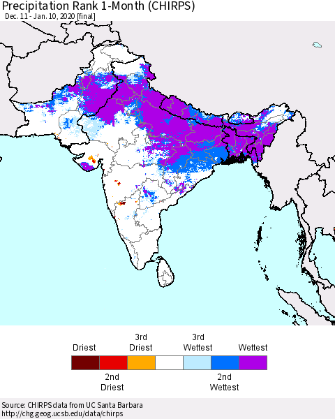 Southern Asia Precipitation Rank 1-Month (CHIRPS) Thematic Map For 12/11/2019 - 1/10/2020