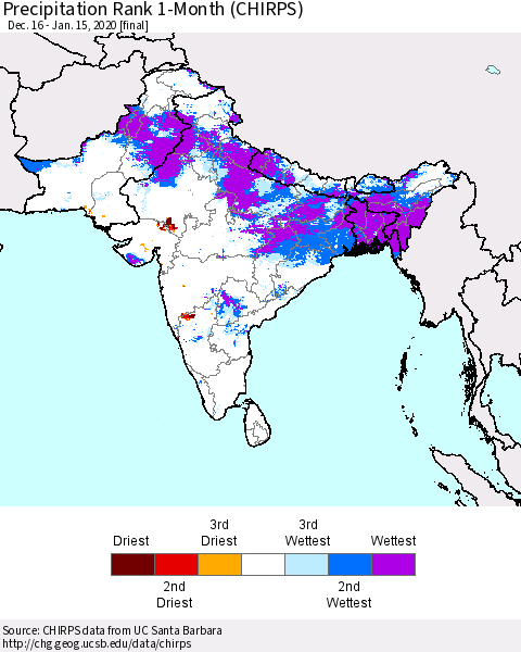 Southern Asia Precipitation Rank 1-Month (CHIRPS) Thematic Map For 12/16/2019 - 1/15/2020