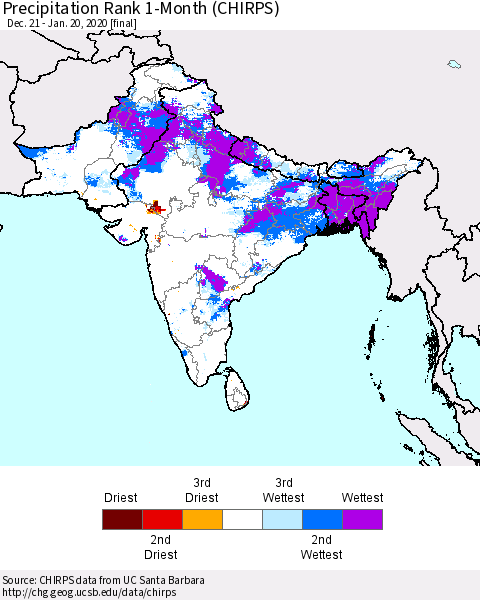 Southern Asia Precipitation Rank 1-Month (CHIRPS) Thematic Map For 12/21/2019 - 1/20/2020