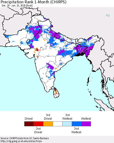 Southern Asia Precipitation Rank since 1981, 1-Month (CHIRPS) Thematic Map For 12/26/2019 - 1/25/2020