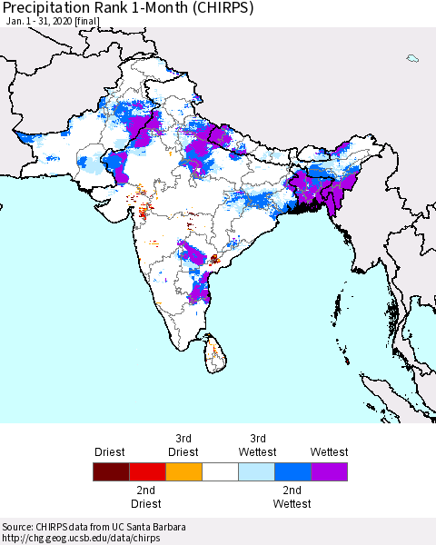 Southern Asia Precipitation Rank 1-Month (CHIRPS) Thematic Map For 1/1/2020 - 1/31/2020