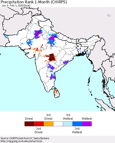 Southern Asia Precipitation Rank since 1981, 1-Month (CHIRPS) Thematic Map For 1/6/2020 - 2/5/2020
