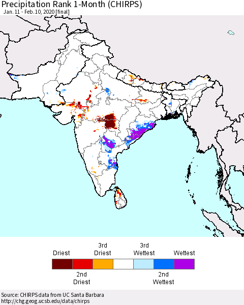 Southern Asia Precipitation Rank since 1981, 1-Month (CHIRPS) Thematic Map For 1/11/2020 - 2/10/2020