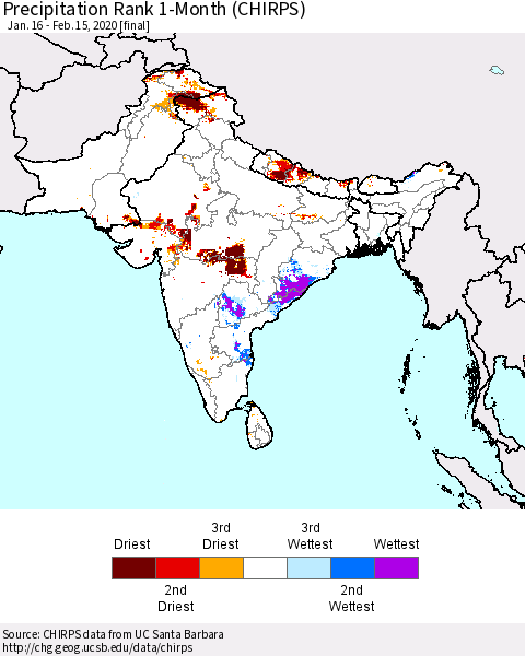 Southern Asia Precipitation Rank 1-Month (CHIRPS) Thematic Map For 1/16/2020 - 2/15/2020