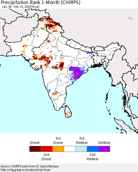 Southern Asia Precipitation Rank 1-Month (CHIRPS) Thematic Map For 1/26/2020 - 2/25/2020