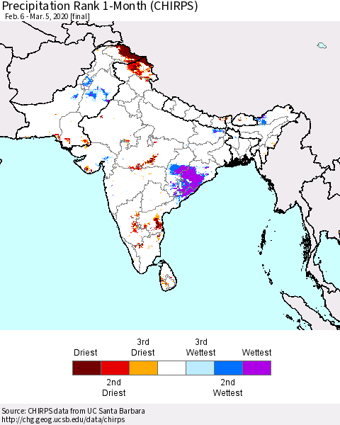 Southern Asia Precipitation Rank 1-Month (CHIRPS) Thematic Map For 2/6/2020 - 3/5/2020