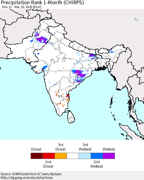Southern Asia Precipitation Rank 1-Month (CHIRPS) Thematic Map For 2/11/2020 - 3/10/2020