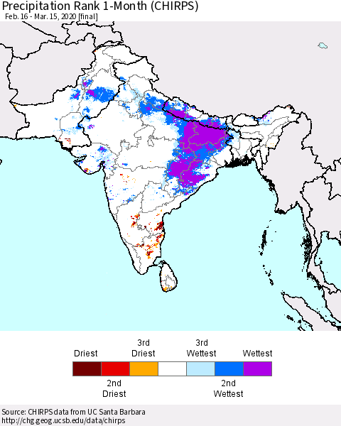Southern Asia Precipitation Rank 1-Month (CHIRPS) Thematic Map For 2/16/2020 - 3/15/2020