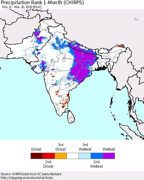Southern Asia Precipitation Rank since 1981, 1-Month (CHIRPS) Thematic Map For 2/21/2020 - 3/20/2020