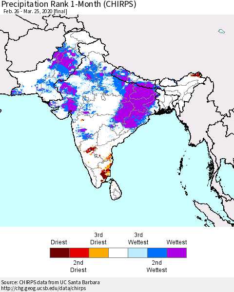 Southern Asia Precipitation Rank 1-Month (CHIRPS) Thematic Map For 2/26/2020 - 3/25/2020