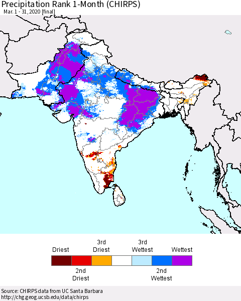 Southern Asia Precipitation Rank 1-Month (CHIRPS) Thematic Map For 3/1/2020 - 3/31/2020