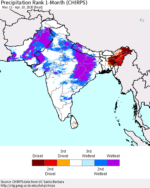 Southern Asia Precipitation Rank 1-Month (CHIRPS) Thematic Map For 3/11/2020 - 4/10/2020