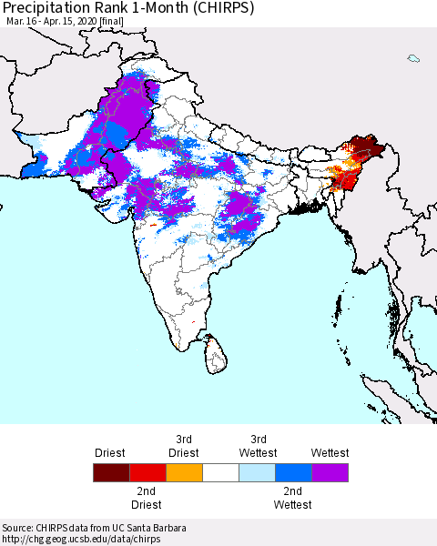 Southern Asia Precipitation Rank 1-Month (CHIRPS) Thematic Map For 3/16/2020 - 4/15/2020