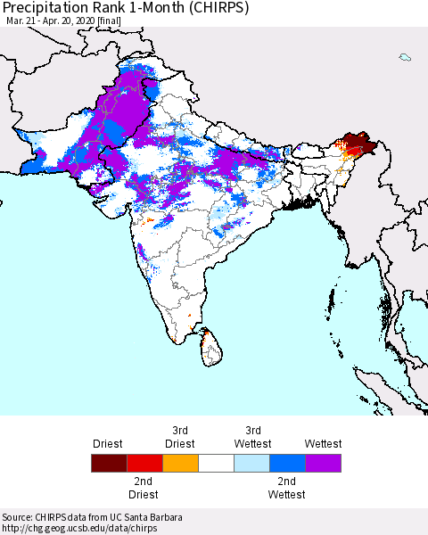 Southern Asia Precipitation Rank 1-Month (CHIRPS) Thematic Map For 3/21/2020 - 4/20/2020