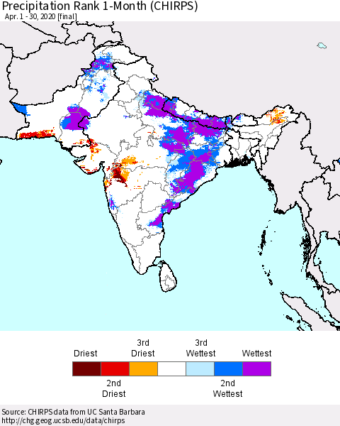 Southern Asia Precipitation Rank 1-Month (CHIRPS) Thematic Map For 4/1/2020 - 4/30/2020