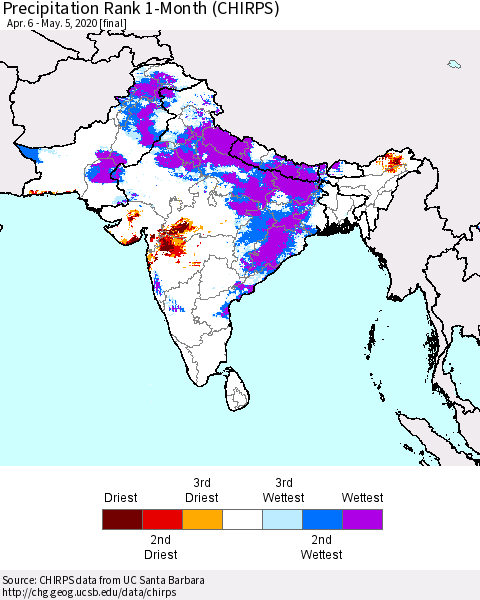 Southern Asia Precipitation Rank since 1981, 1-Month (CHIRPS) Thematic Map For 4/6/2020 - 5/5/2020