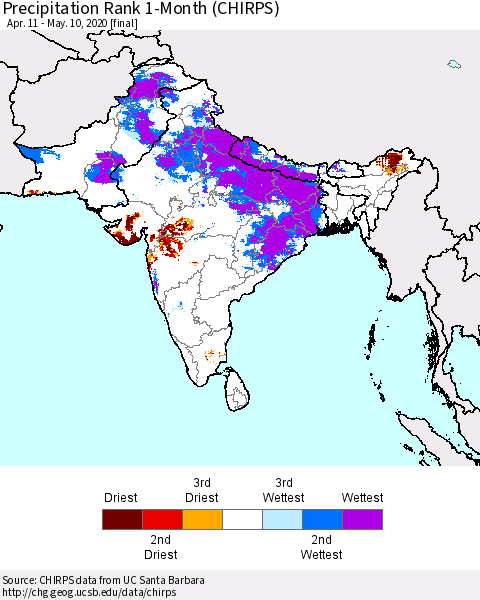 Southern Asia Precipitation Rank 1-Month (CHIRPS) Thematic Map For 4/11/2020 - 5/10/2020