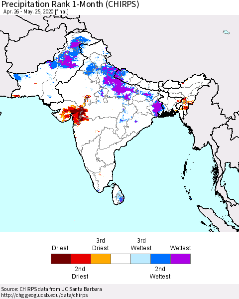 Southern Asia Precipitation Rank 1-Month (CHIRPS) Thematic Map For 4/26/2020 - 5/25/2020