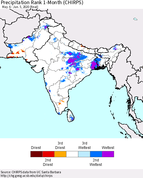 Southern Asia Precipitation Rank 1-Month (CHIRPS) Thematic Map For 5/6/2020 - 6/5/2020