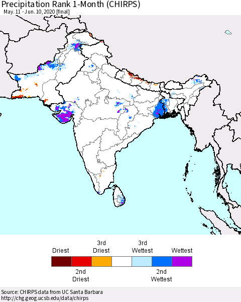 Southern Asia Precipitation Rank 1-Month (CHIRPS) Thematic Map For 5/11/2020 - 6/10/2020