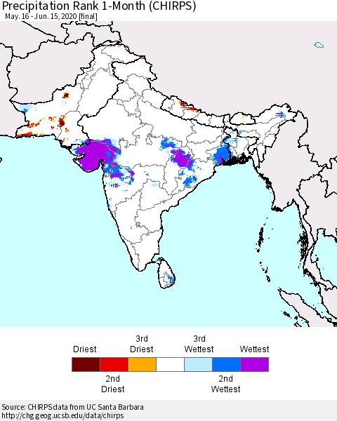 Southern Asia Precipitation Rank 1-Month (CHIRPS) Thematic Map For 5/16/2020 - 6/15/2020