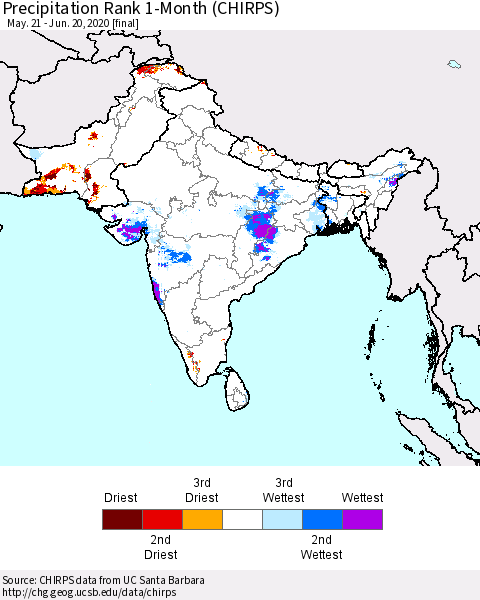 Southern Asia Precipitation Rank 1-Month (CHIRPS) Thematic Map For 5/21/2020 - 6/20/2020