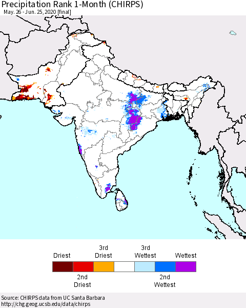Southern Asia Precipitation Rank 1-Month (CHIRPS) Thematic Map For 5/26/2020 - 6/25/2020
