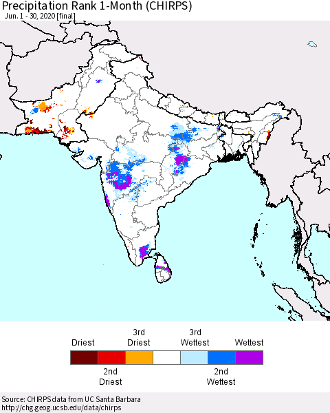 Southern Asia Precipitation Rank 1-Month (CHIRPS) Thematic Map For 6/1/2020 - 6/30/2020