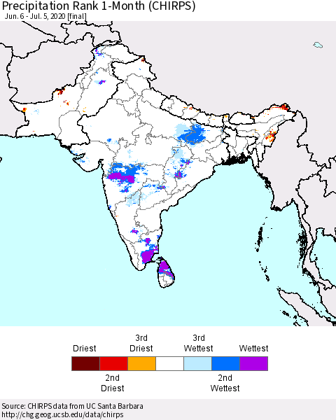 Southern Asia Precipitation Rank since 1981, 1-Month (CHIRPS) Thematic Map For 6/6/2020 - 7/5/2020