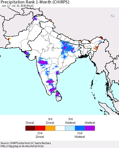 Southern Asia Precipitation Rank 1-Month (CHIRPS) Thematic Map For 6/11/2020 - 7/10/2020