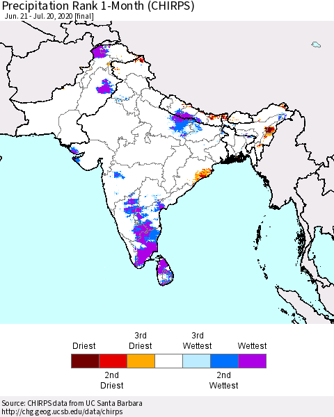 Southern Asia Precipitation Rank 1-Month (CHIRPS) Thematic Map For 6/21/2020 - 7/20/2020