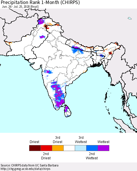 Southern Asia Precipitation Rank 1-Month (CHIRPS) Thematic Map For 6/26/2020 - 7/25/2020