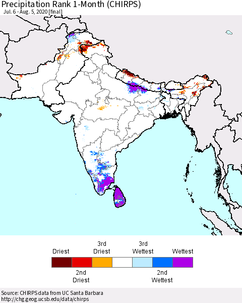 Southern Asia Precipitation Rank since 1981, 1-Month (CHIRPS) Thematic Map For 7/6/2020 - 8/5/2020