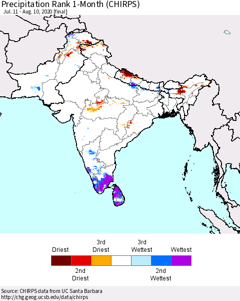 Southern Asia Precipitation Rank 1-Month (CHIRPS) Thematic Map For 7/11/2020 - 8/10/2020