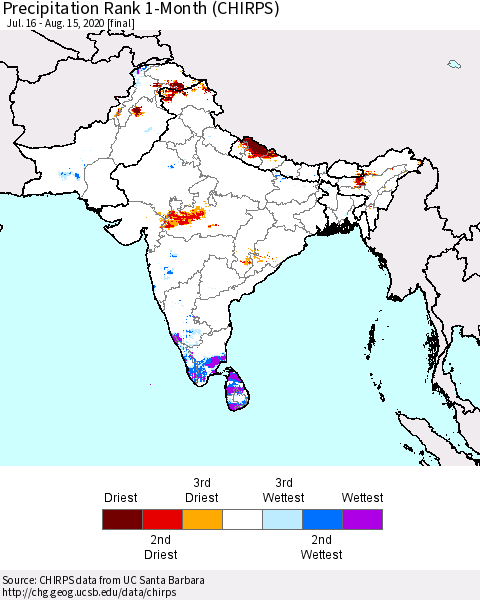 Southern Asia Precipitation Rank 1-Month (CHIRPS) Thematic Map For 7/16/2020 - 8/15/2020