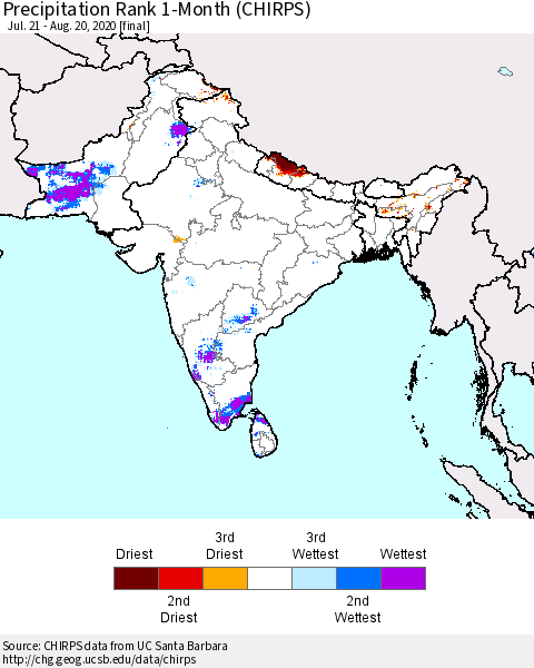 Southern Asia Precipitation Rank 1-Month (CHIRPS) Thematic Map For 7/21/2020 - 8/20/2020