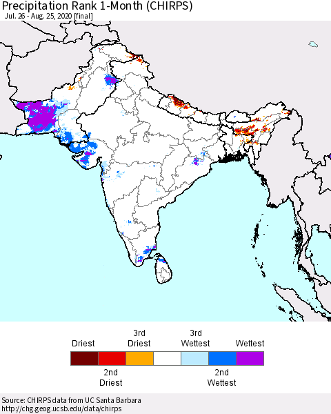 Southern Asia Precipitation Rank since 1981, 1-Month (CHIRPS) Thematic Map For 7/26/2020 - 8/25/2020