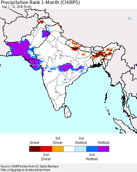 Southern Asia Precipitation Rank since 1981, 1-Month (CHIRPS) Thematic Map For 8/1/2020 - 8/31/2020