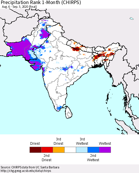 Southern Asia Precipitation Rank 1-Month (CHIRPS) Thematic Map For 8/6/2020 - 9/5/2020