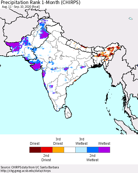 Southern Asia Precipitation Rank 1-Month (CHIRPS) Thematic Map For 8/11/2020 - 9/10/2020